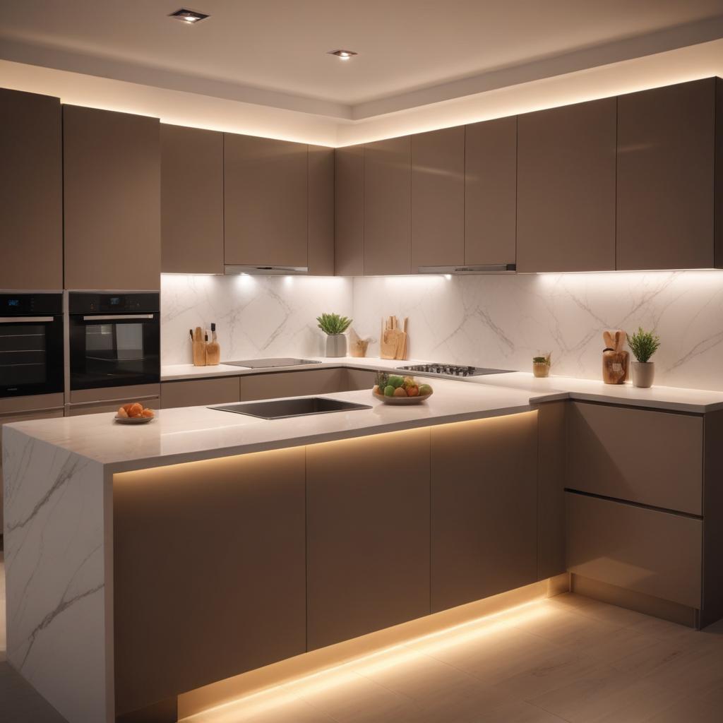 Кухня на заказ в жилом комплексе с островом и сенсорной и светодиодной подсветкой
